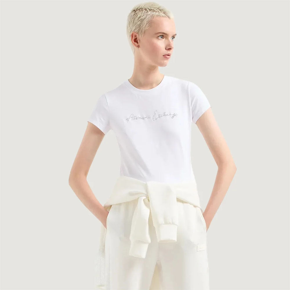 Armani Exchange T-shirt da donna con logo glitterato