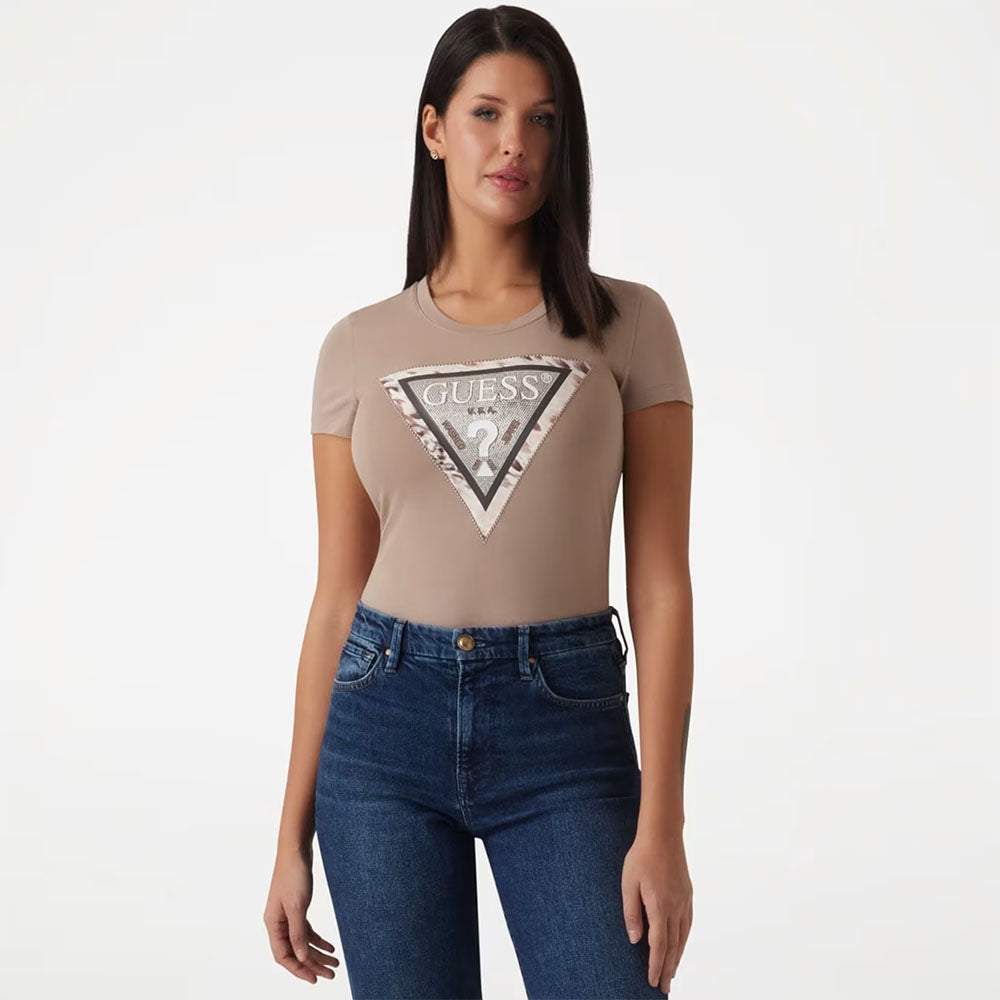 Guess T-shirt da donna con logo triangolo animalier W5RI22J1314
